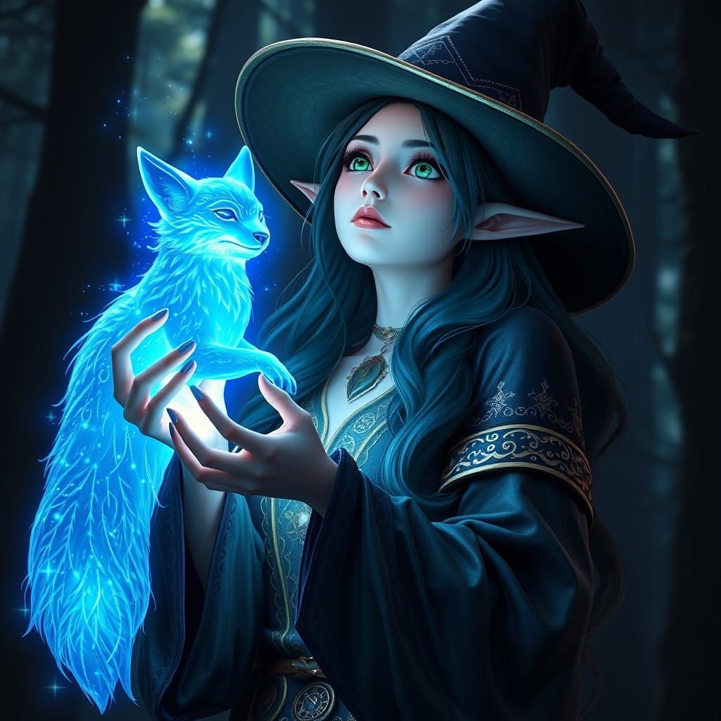 Elven Sorceress with Glowing Fox-Like Being in Enchanted For...