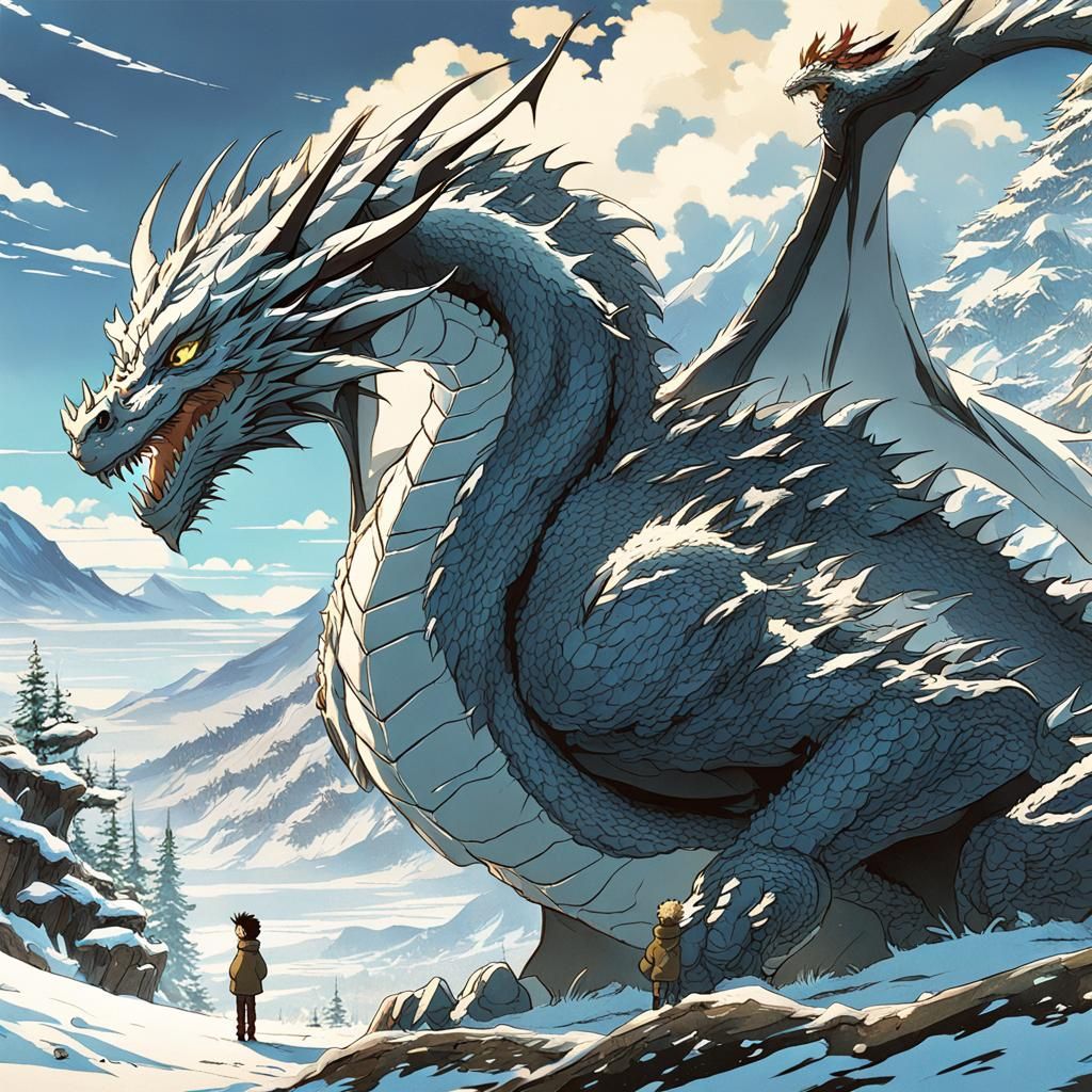 Winter Dragon and Boy in Anime Style