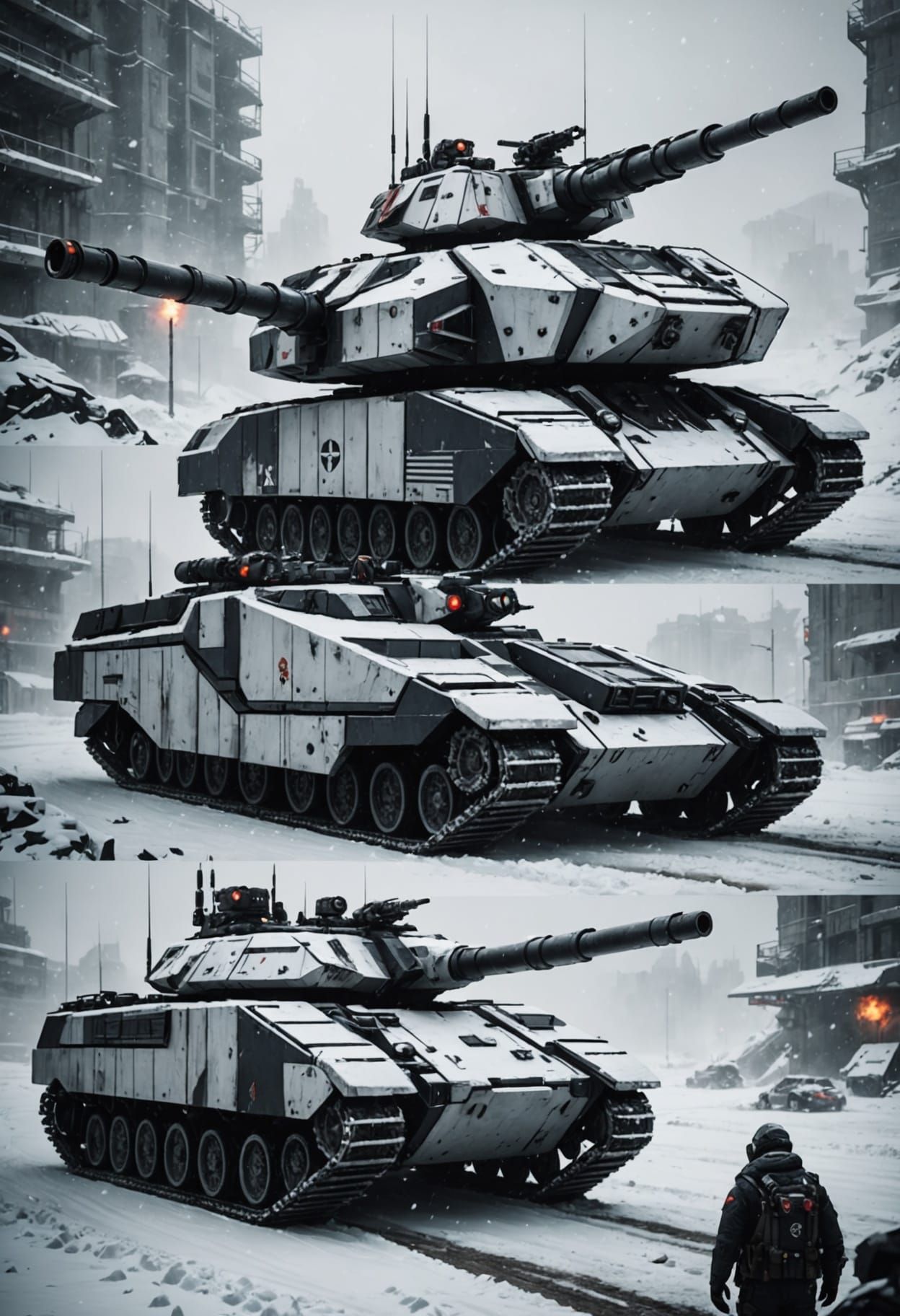 Cyberpunk Dystopian Tank in Snowy Battle Landscape
