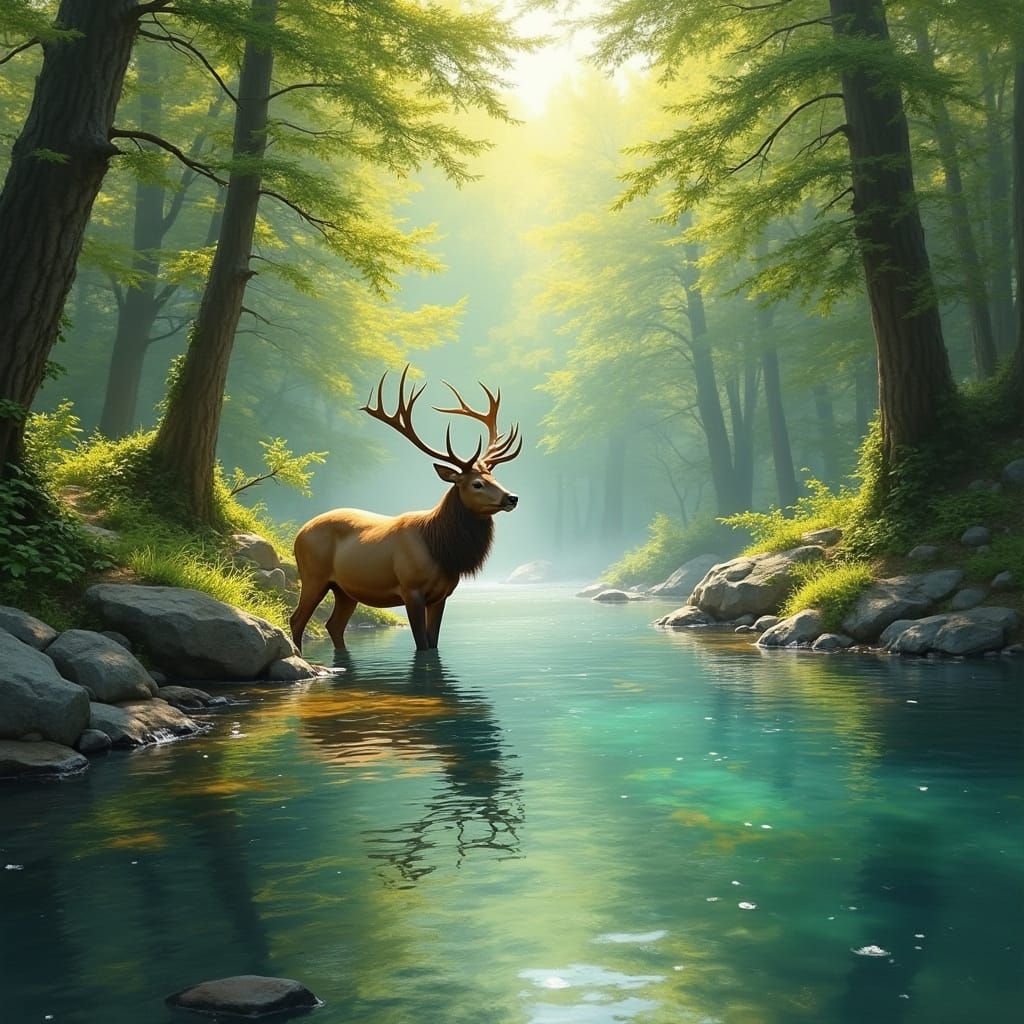 Majestic Stag in Impressionistic River Scene