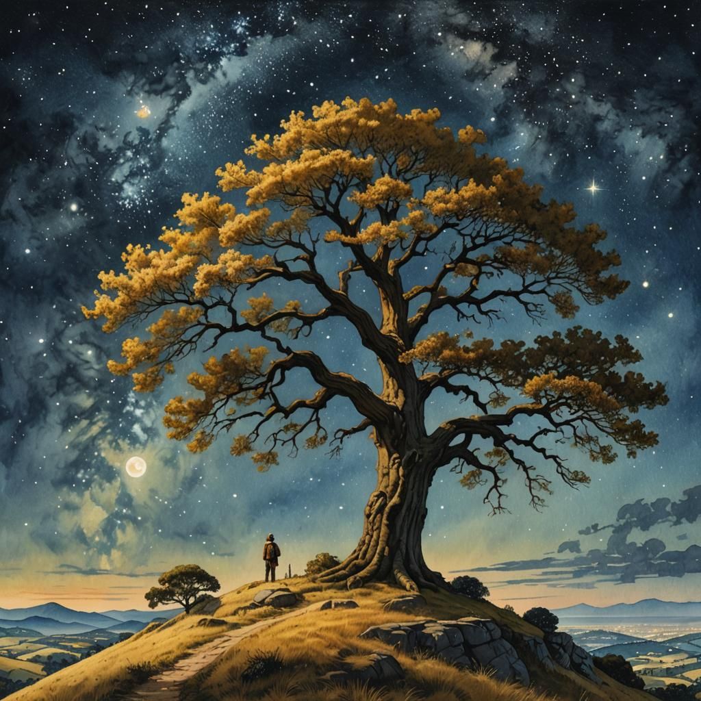Oak Tree Under Starry Sky: Watercolor Painting