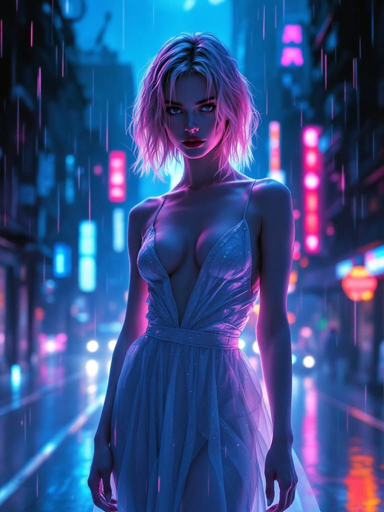 Cyberpunk Pin-Up Girl with Pink Hair in Neon Rain