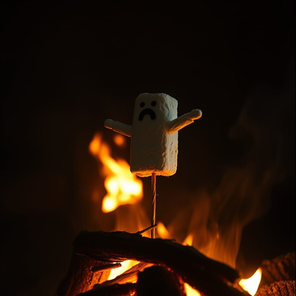 Marshmallow Jesus Roasting: Cinematic Film Still