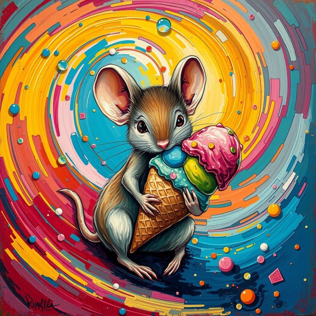 Whimsical Mouse in a Swirling Ice Cream Dreamscape