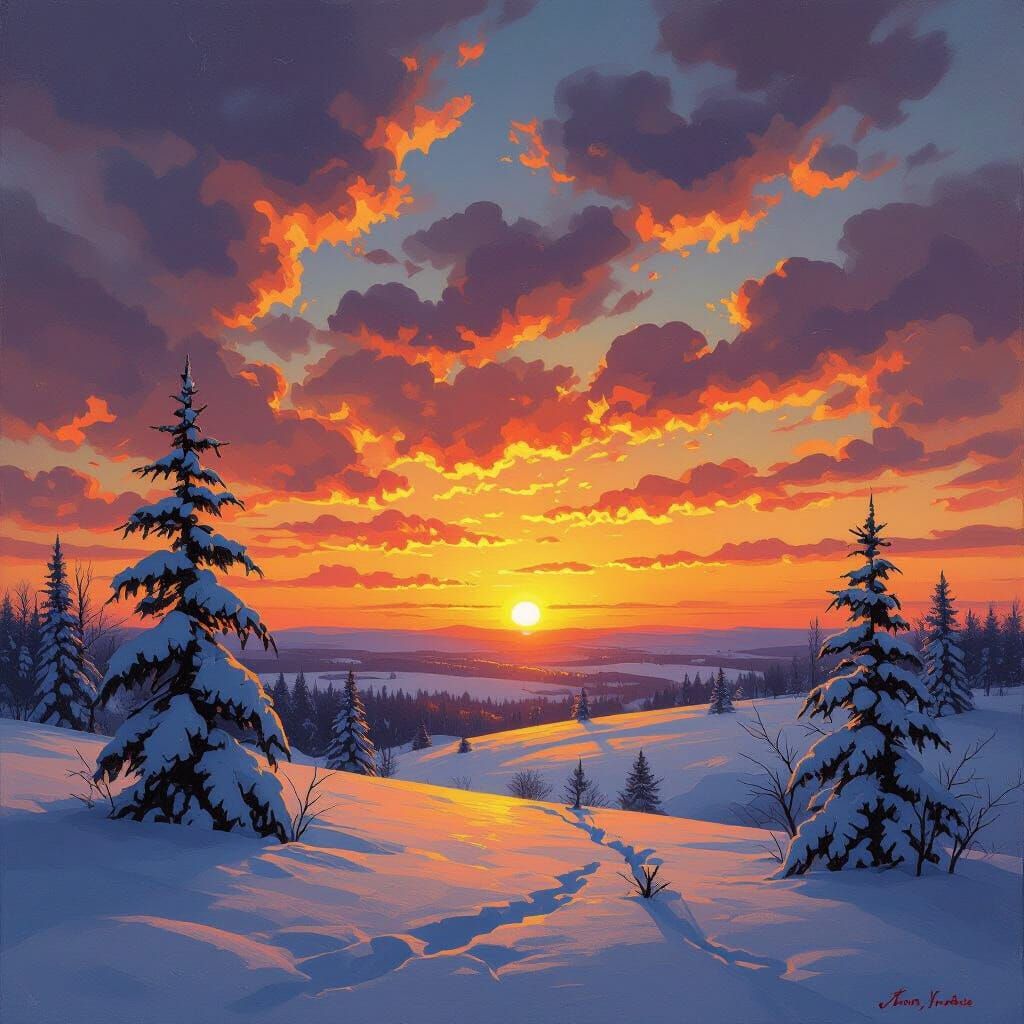 Vivid Winter Sunset Over Snowscape