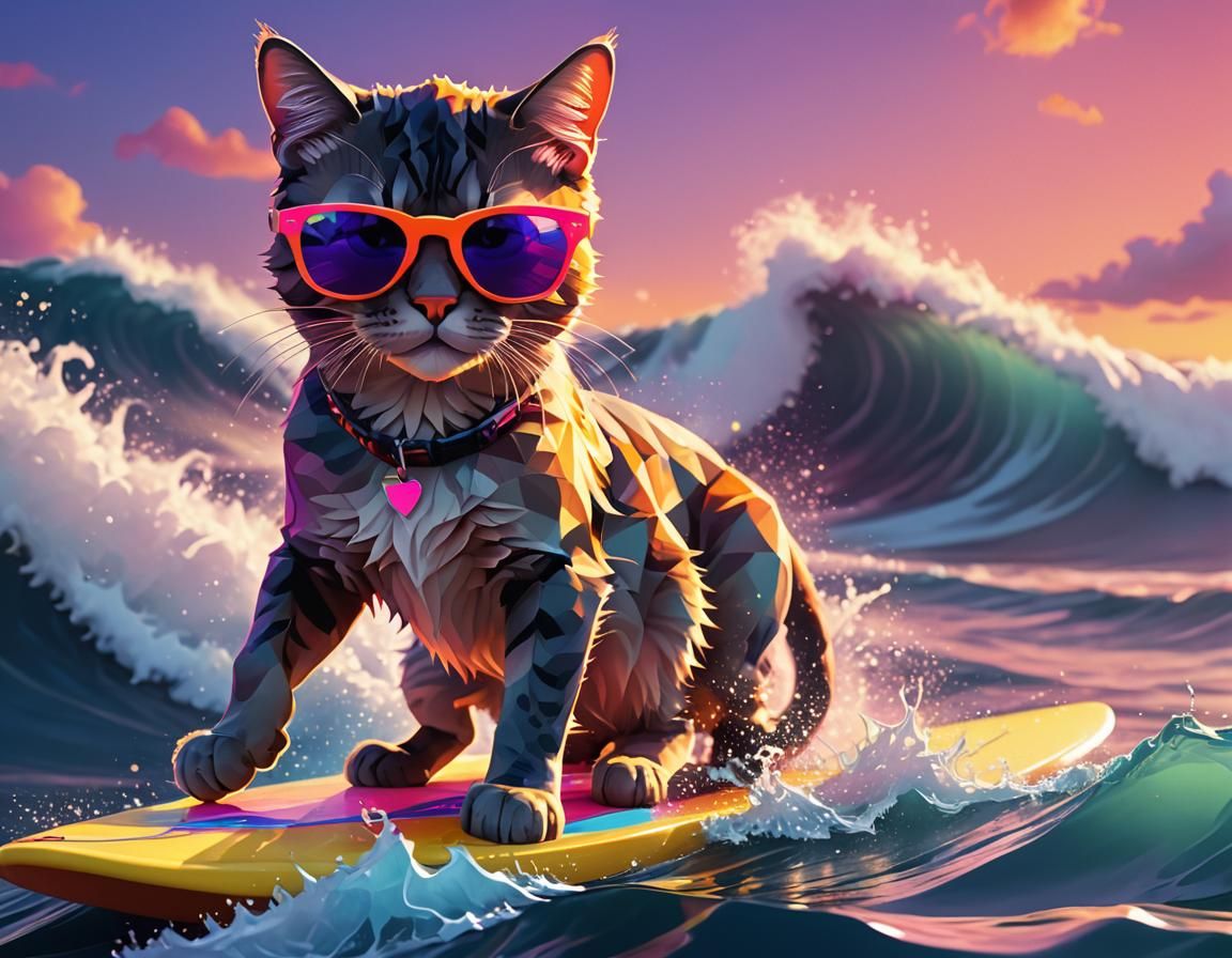 Cool Cat Surfing: Low-Poly Digital Art in Neon