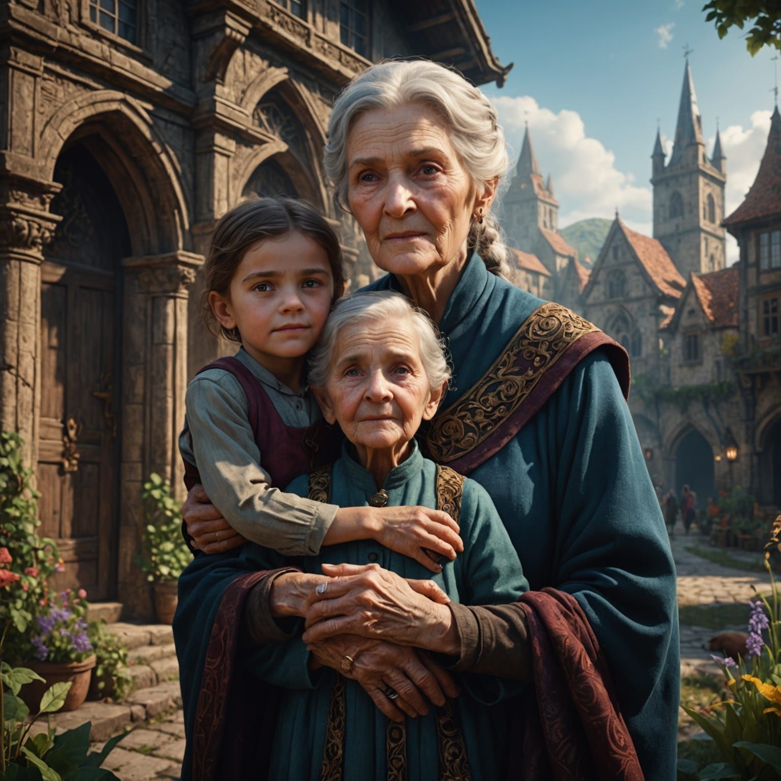 Beautiful Old Woman with Grandchild: Fantasy Concept Art