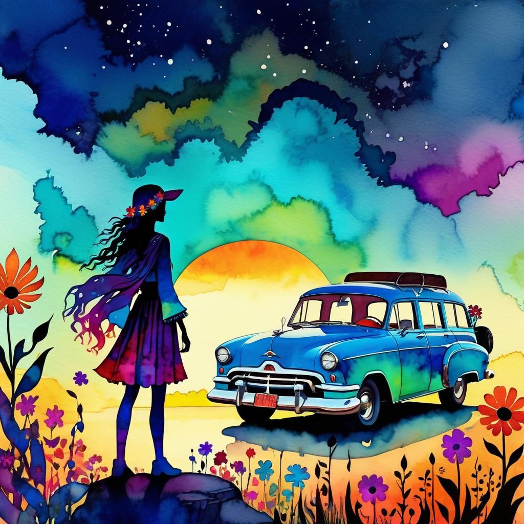 Psychedelic Gypsy Woman in Surreal Flower Garden