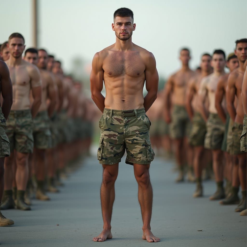 Military Recruit Stands at Attention, Photorealistic Portrai...