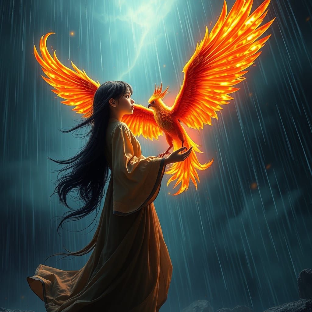 Mystical Phoenix Goddess Unveils Fiery Wings