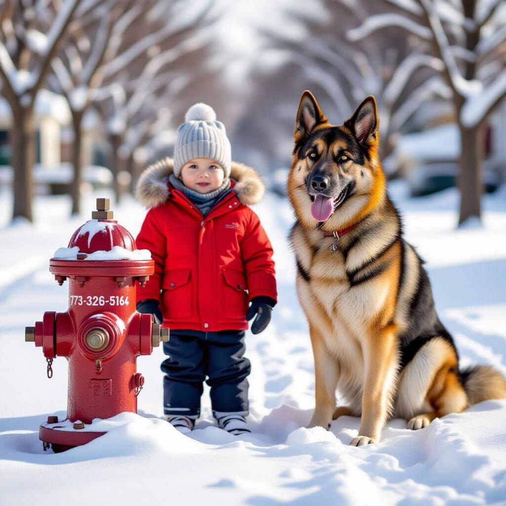 Child and Dog in Snowy Urban Scene