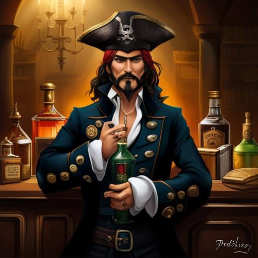 Pirate Captain at Bar with Rowdy Crew