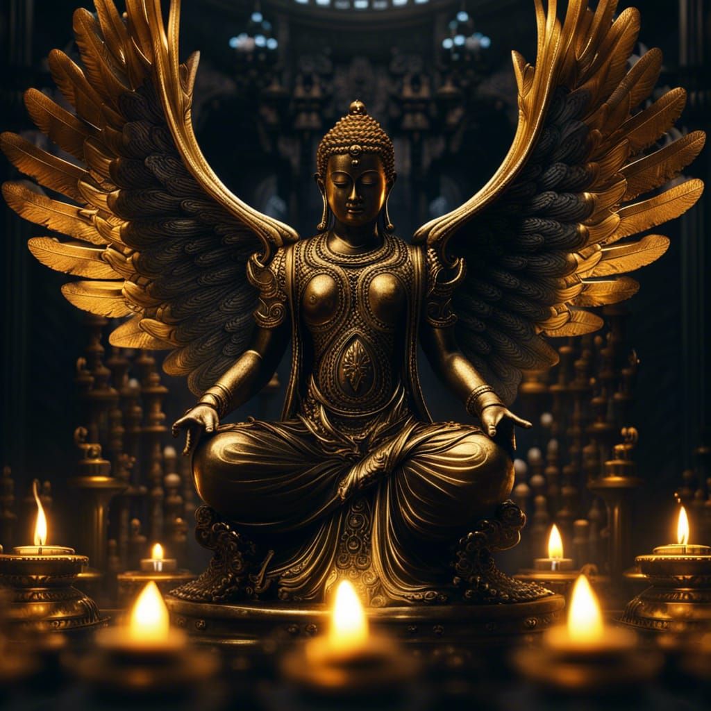 Black and Gold Buddhist Angel Statue Art