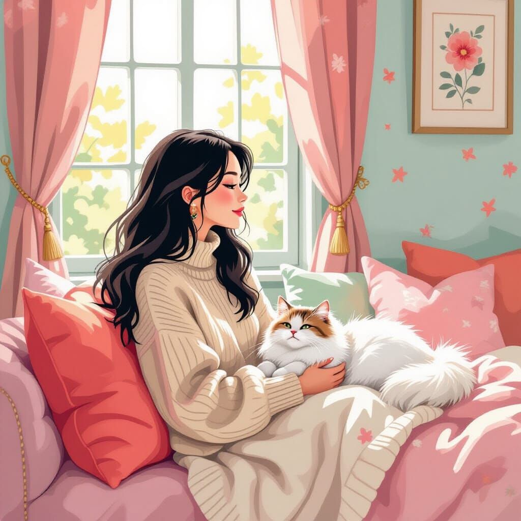 Dreamy Woman in Pastel Bedroom, Illustration Style