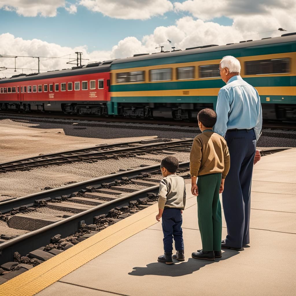 Boy and Man Watching a Passing Train