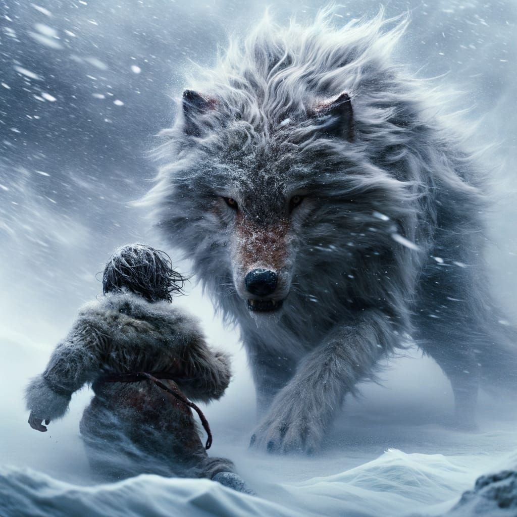 Wolf Rescues Child in Arctic Snowstorm Matte Painting