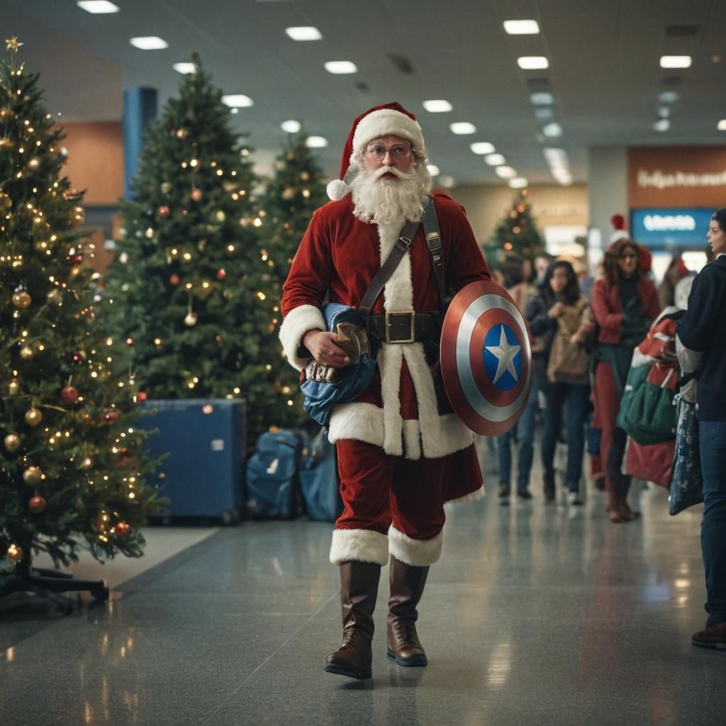 Superhero Santa Claus at the Airport