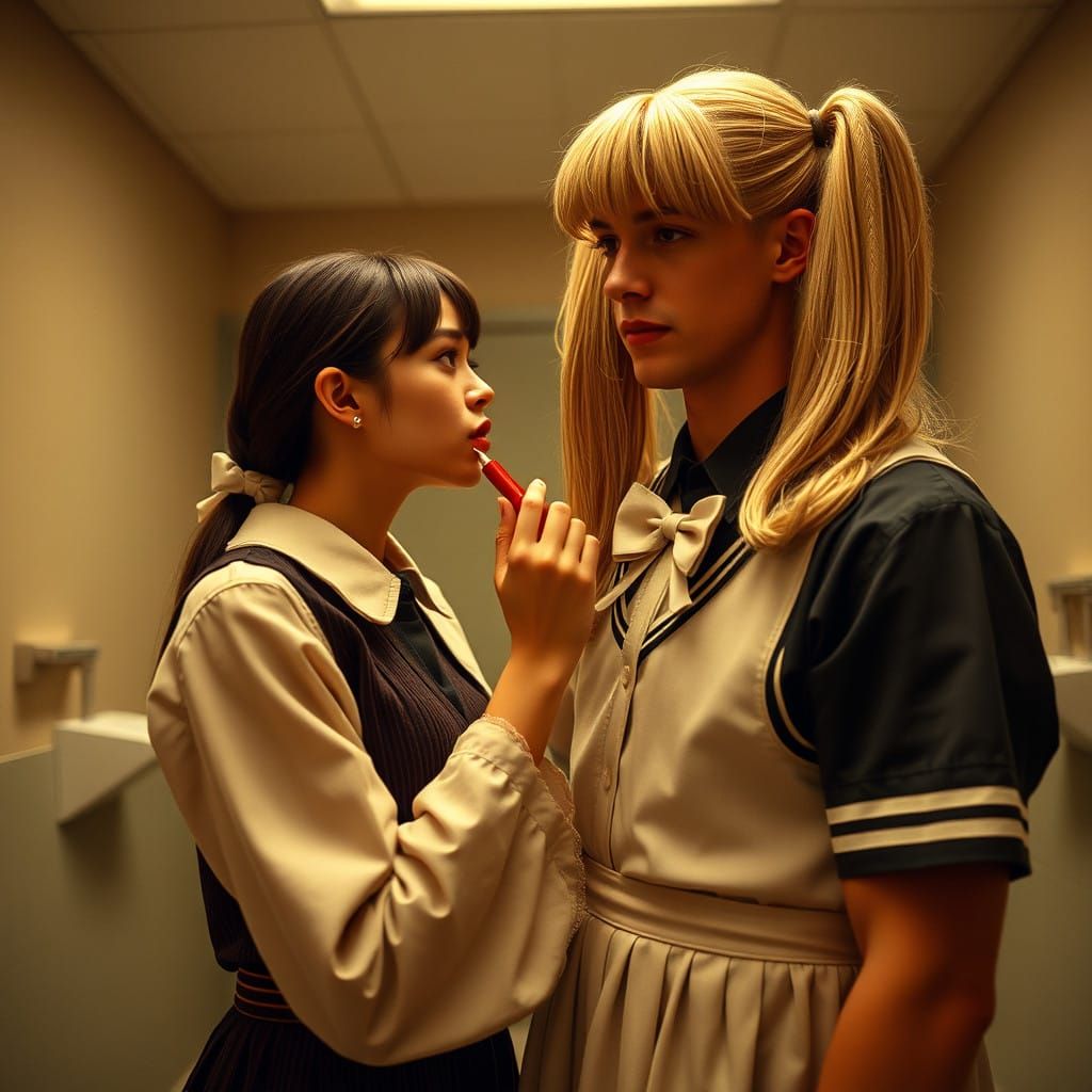 Elegant Man in Vintage School Dress Applies Lipstick, Cinema...