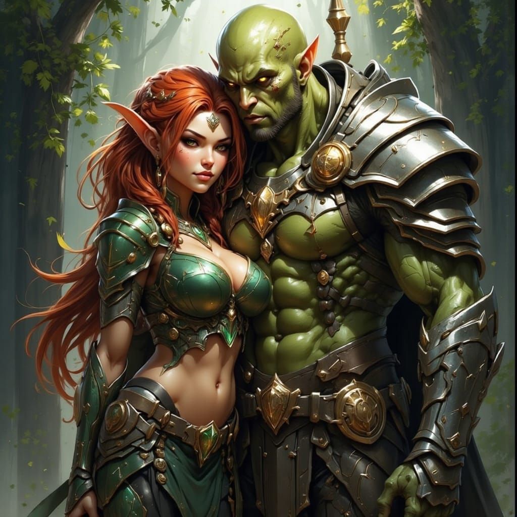 Elf and Orc Embrace in Fantasy Forest