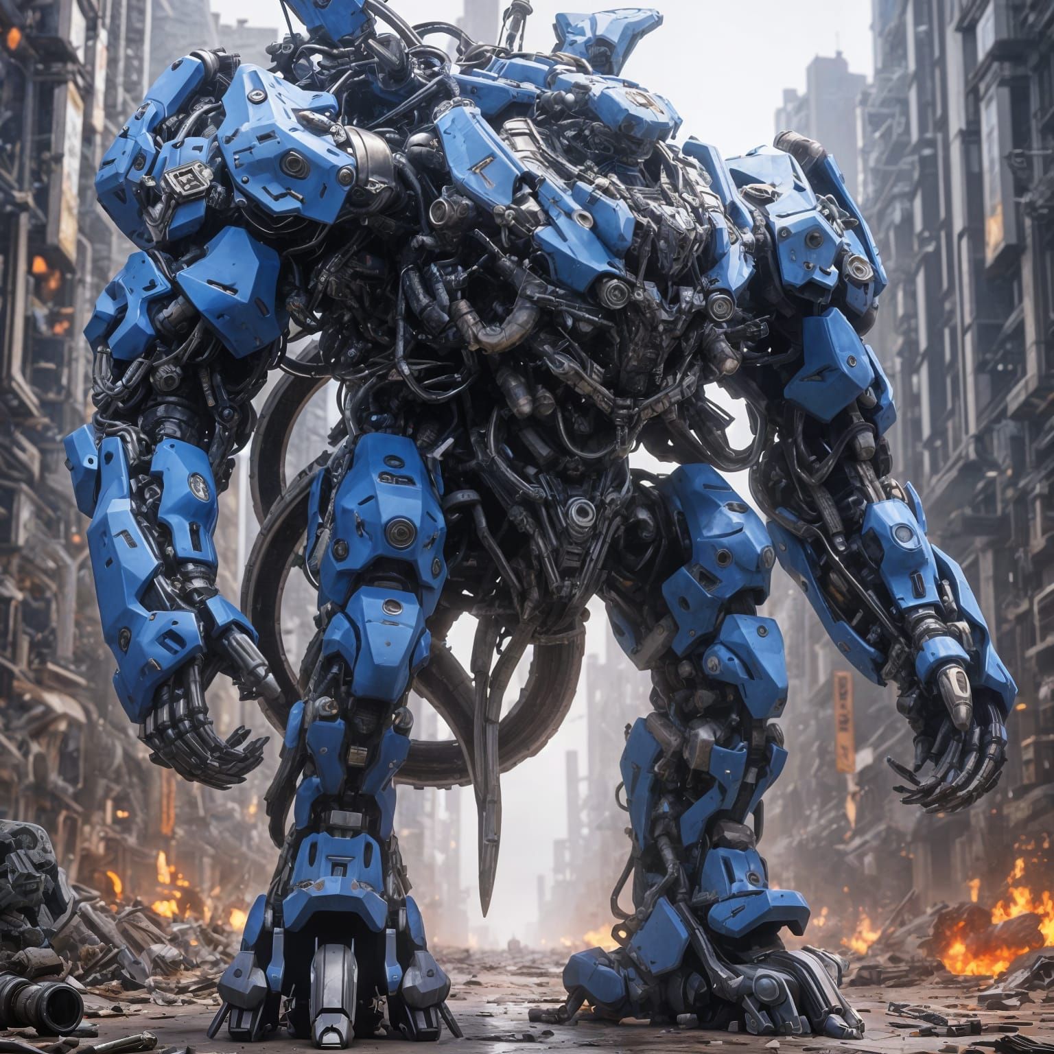 Giant Mech with Crab Legs in Destroyed City