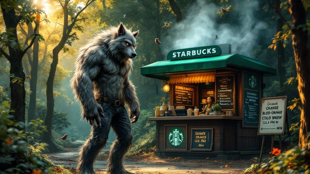 Surreal Fantasy: Werewolf Stunned by Mysterious Starbucks