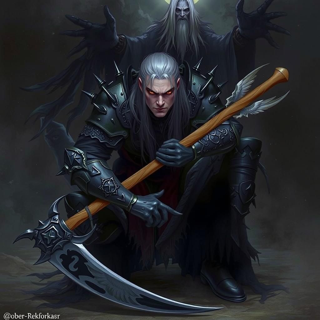 Brooding Warrior with Scythe in Dark Fantasy Setting