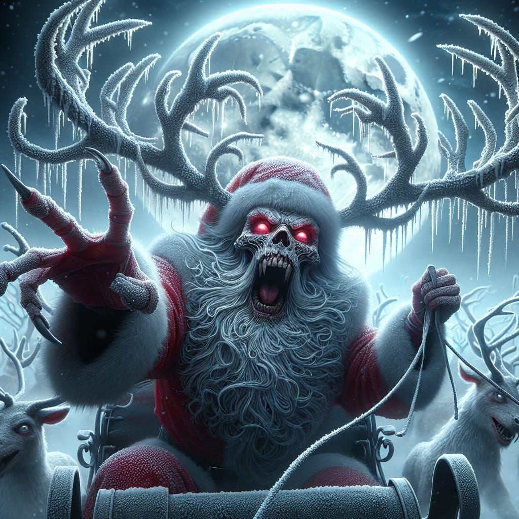 Surreal Dark Fantasy Santa in Frosty Reindeer Antlers