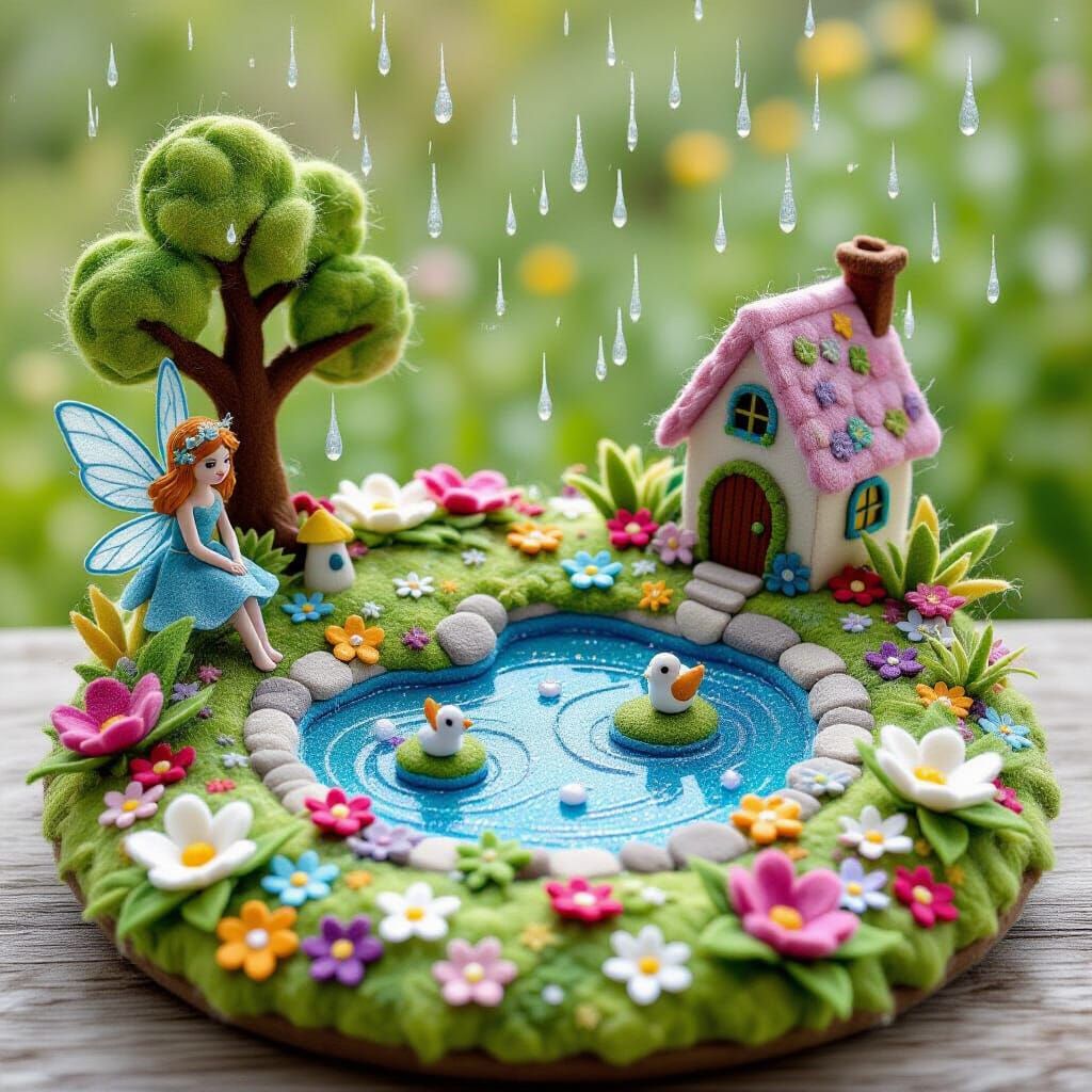 Felt Fairy Meadow with Glittering Raindrops