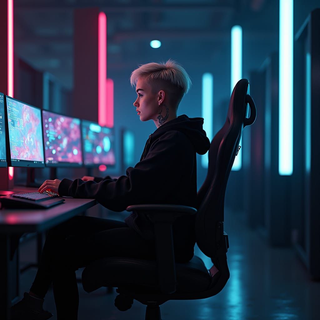 Cyberpunk Hacker Goddess in Neon-Lit Lair
