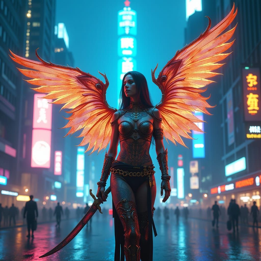 Ethereal Warrior in Dystopian Metropolis