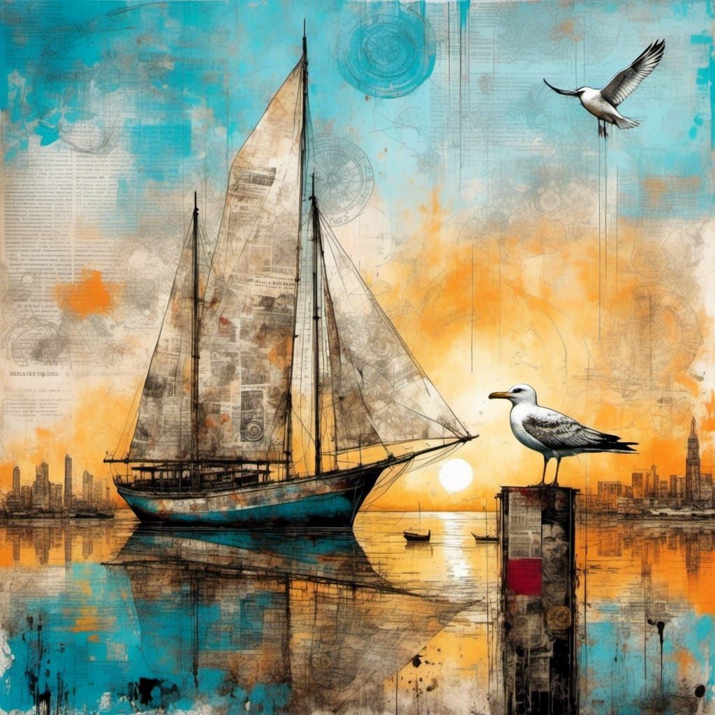 Tranquil Sunset Sailboat on Newspaper Print