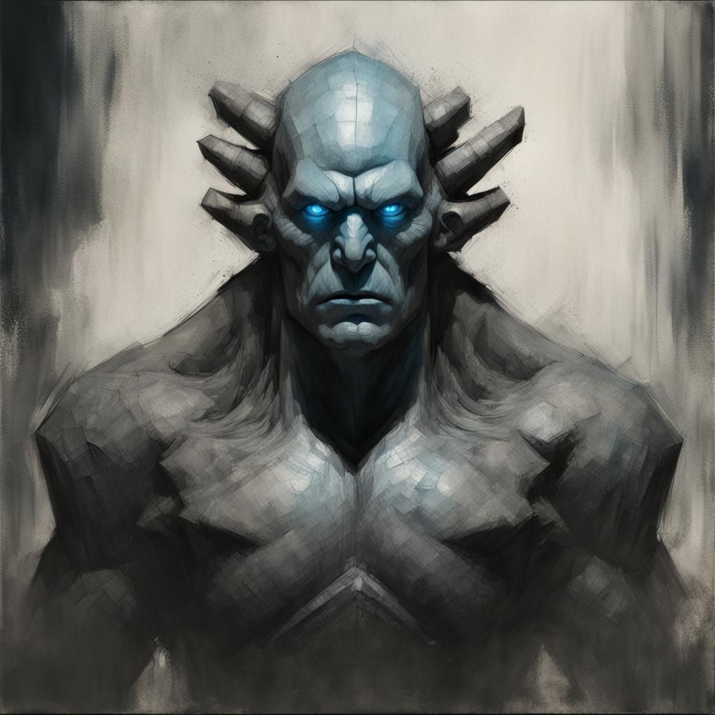 Colossal Stone Golem Portrait in Charcoal Sketch Style