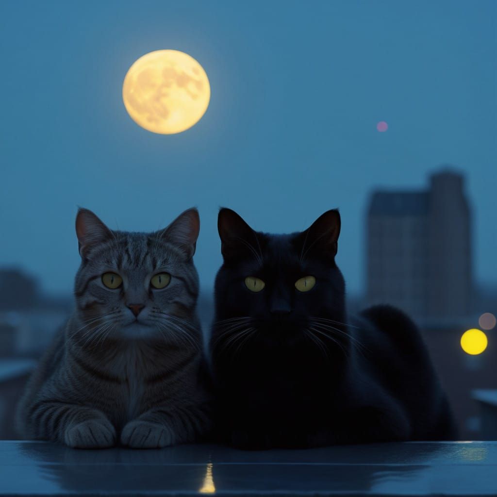 Cats Bask in Full Moonlight on Rooftop