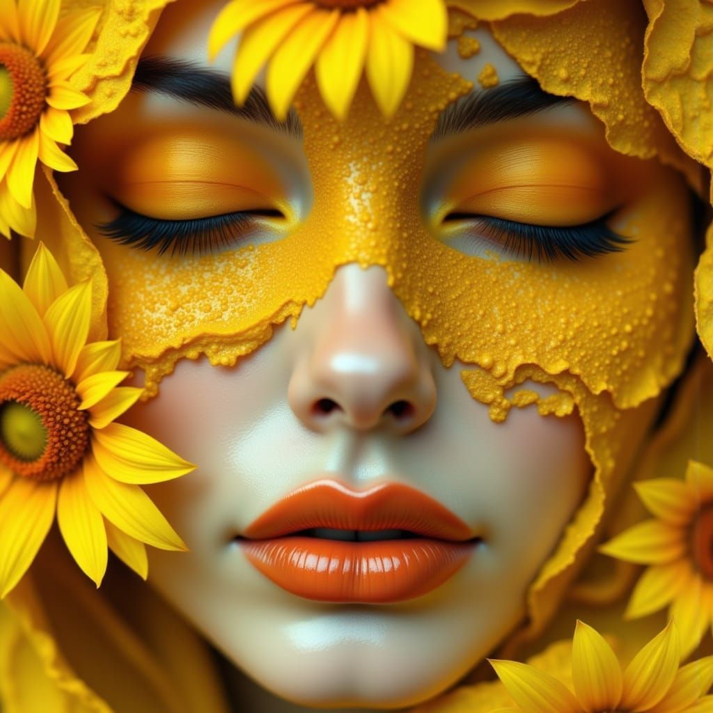 Surreal Floral Portrait: Woman with Sunflower Mask