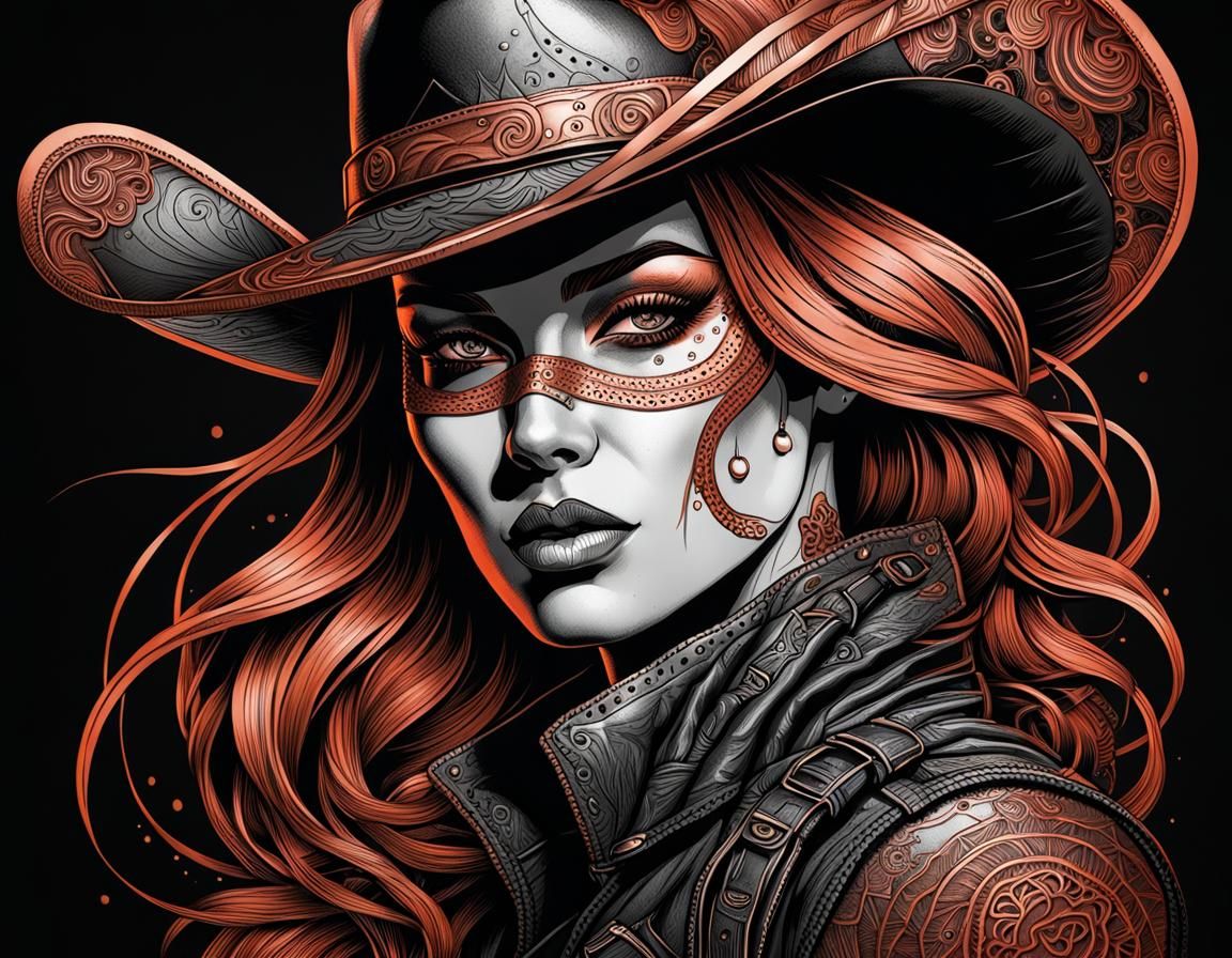 Cyberpunk Cowboy Woman Portrait in Ink Linework