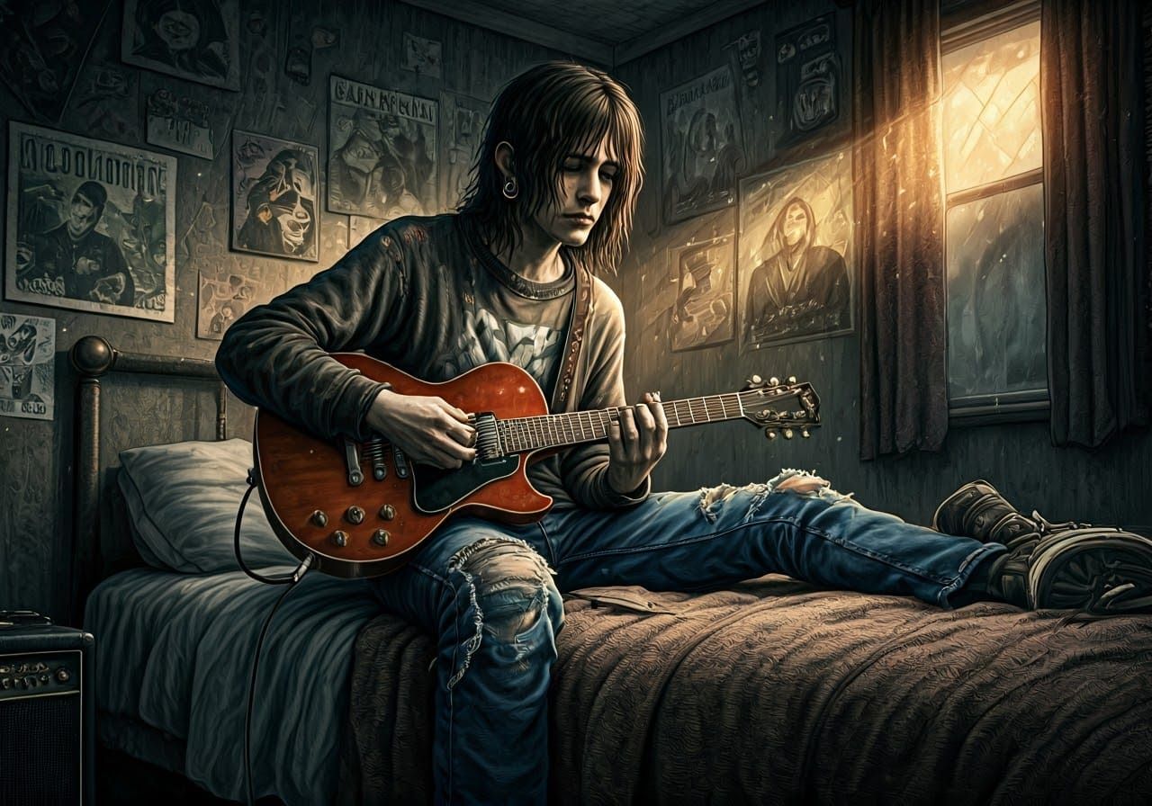 Grunge Teenager Rocks Out in Mysterious Bedroom