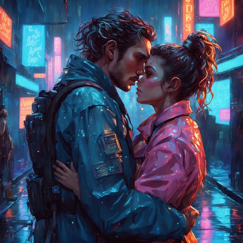 Gritty Cyberpunk Love in a Rainy City Alley