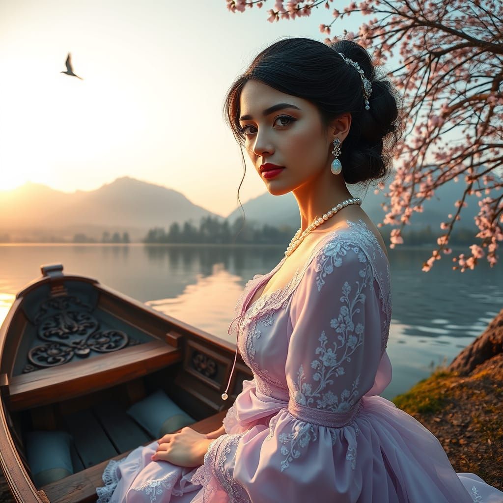 Hungarian Maiden at Dawn in Lakeside Setting