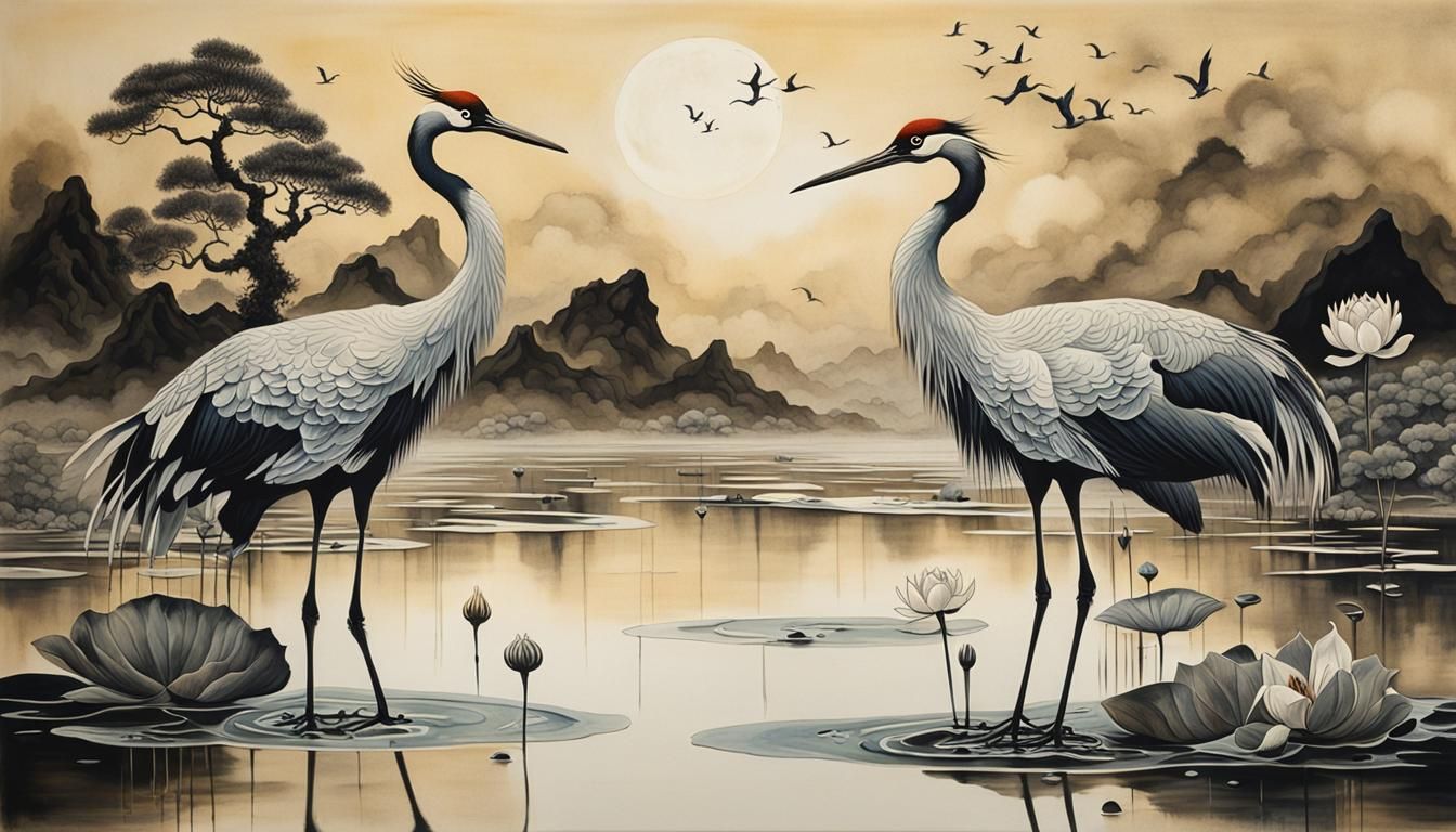 Cranes, Frog and Lotus in Japanese Ink Art