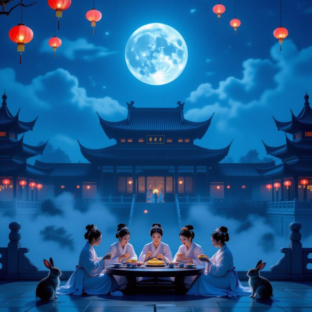Ancient Chinese Palace Under Full Moon With Lanterns