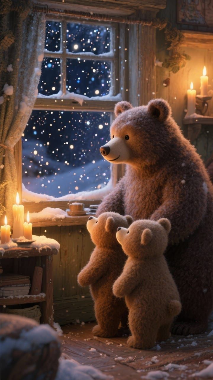 Cozy Bear Family Watches Magical Snowfall in Candlelit Home