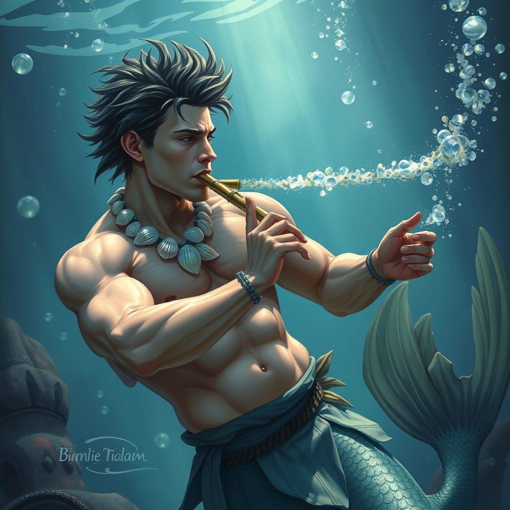 Merman Beefcake Playing Flute in Whimsical Style