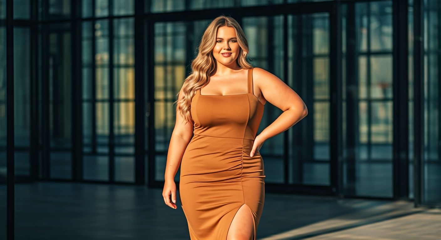 Radiant Plump Woman in Caramel Bodycon Dress