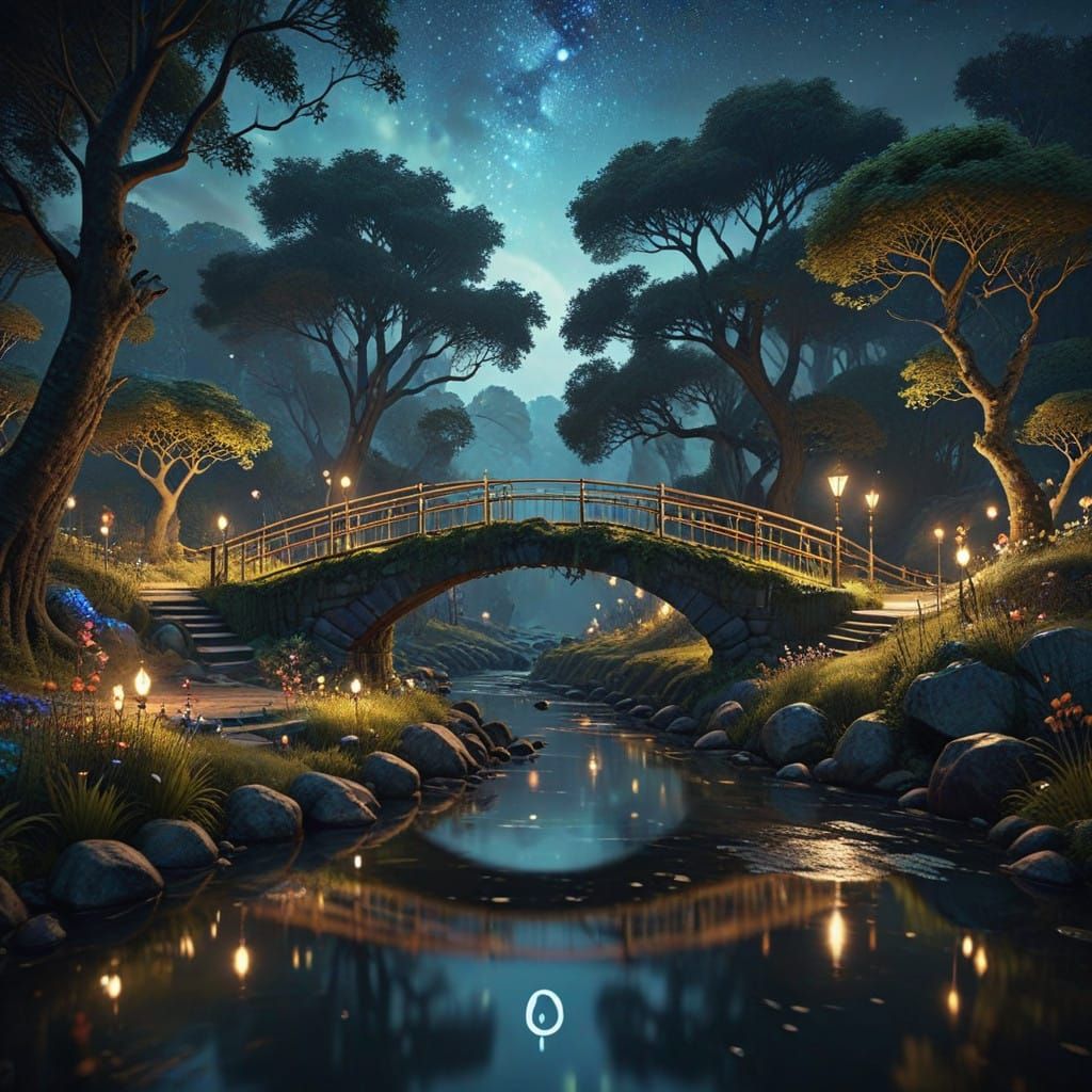 Surreal Waterfront Bridge in a Starry Night Sky with HDR Ton...