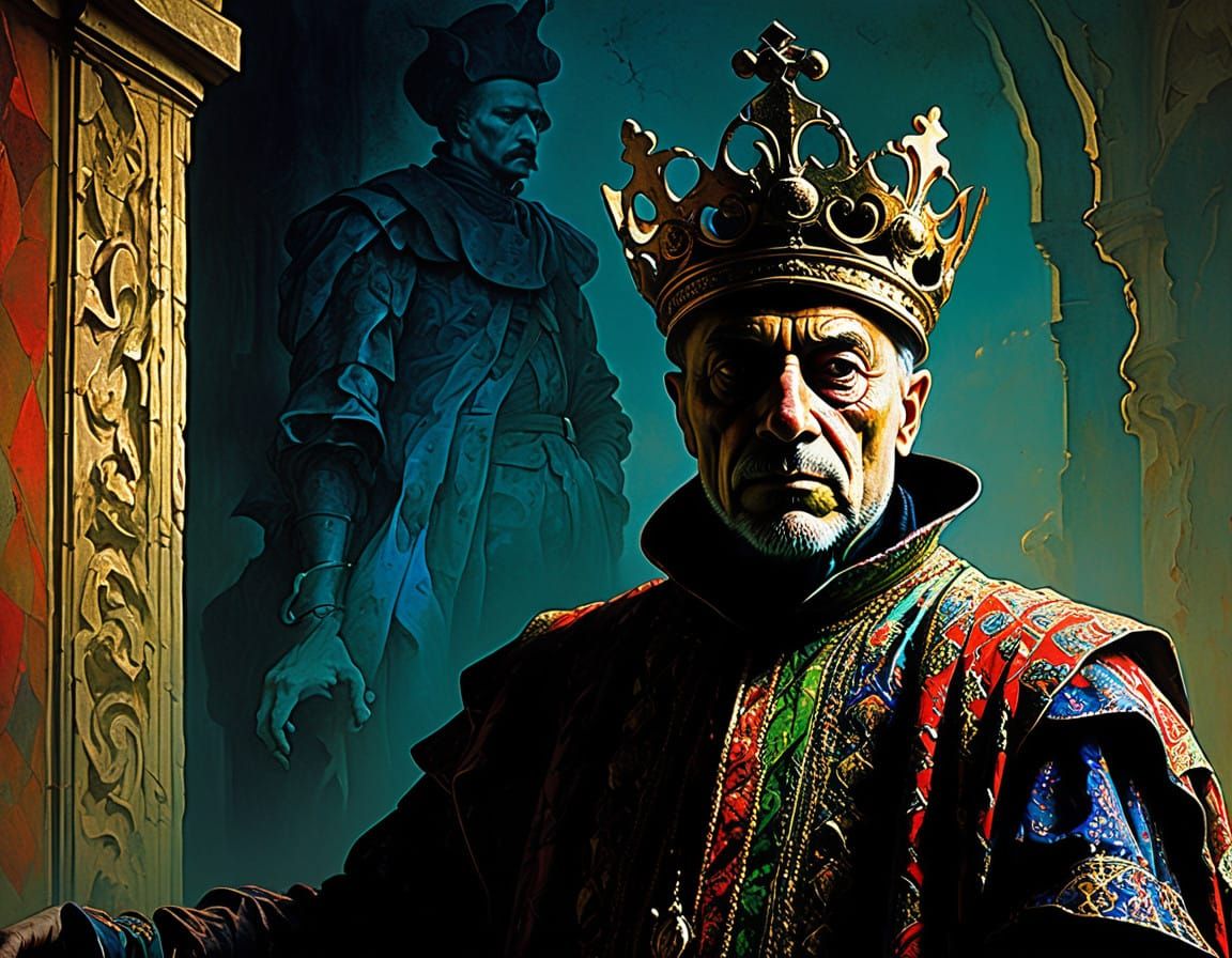 Medieval Jester Before a Regal Backdrop in Chiaroscuro Style