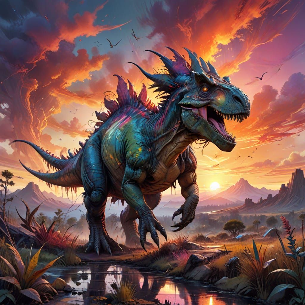 Gigantic Dinosaur Roams Fantastical Landscape in Vibrant Sun...