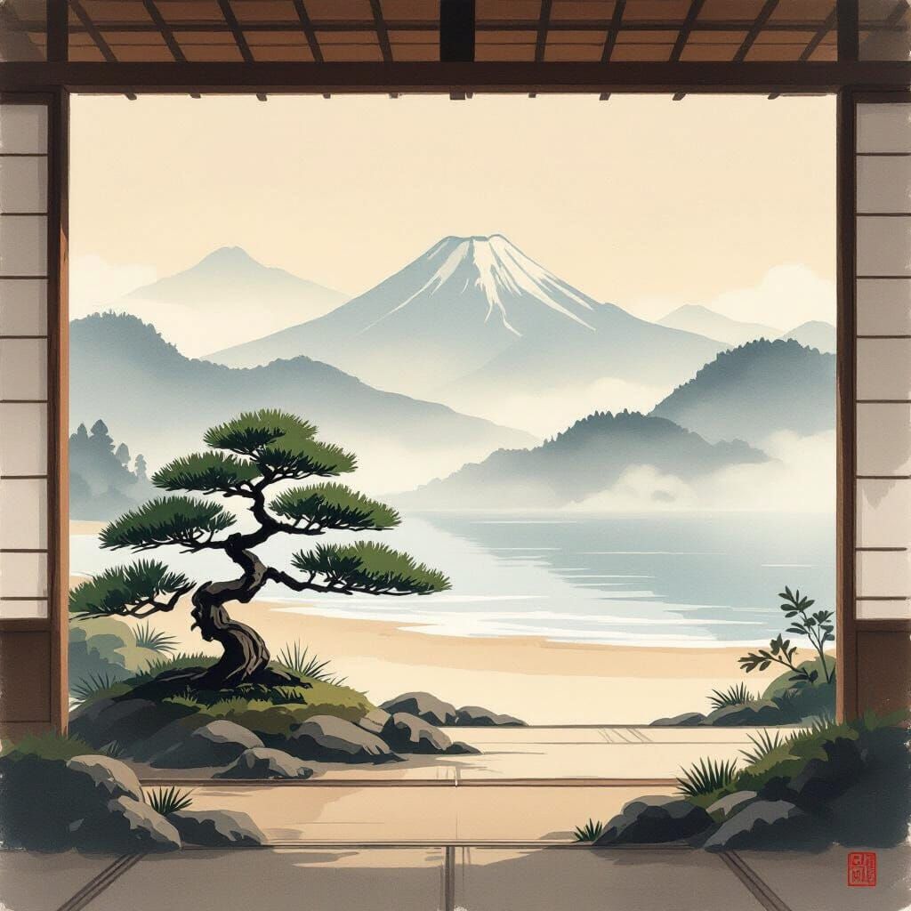 Japandi Landscape: Bonsai, Misty Mountains, and Beach