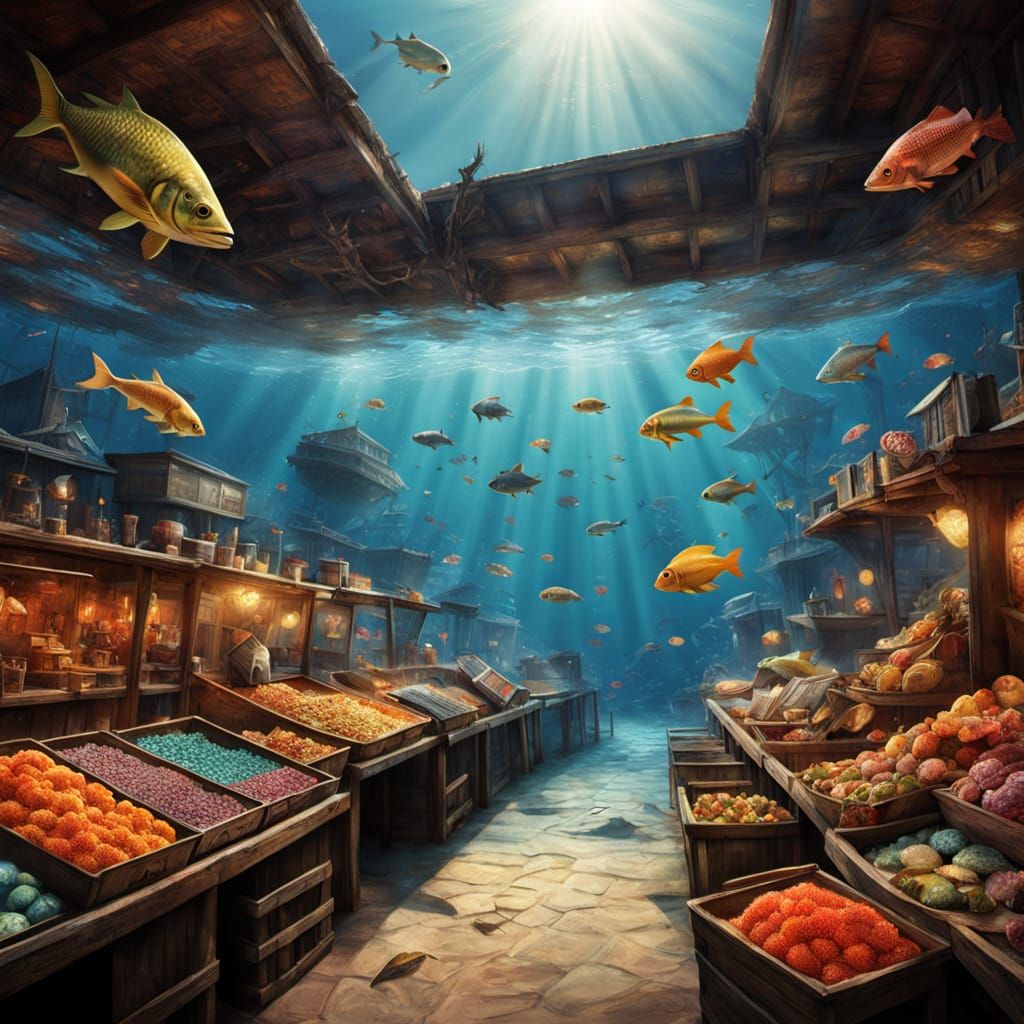 Underwater Market Square in Fantasy-Realism Style