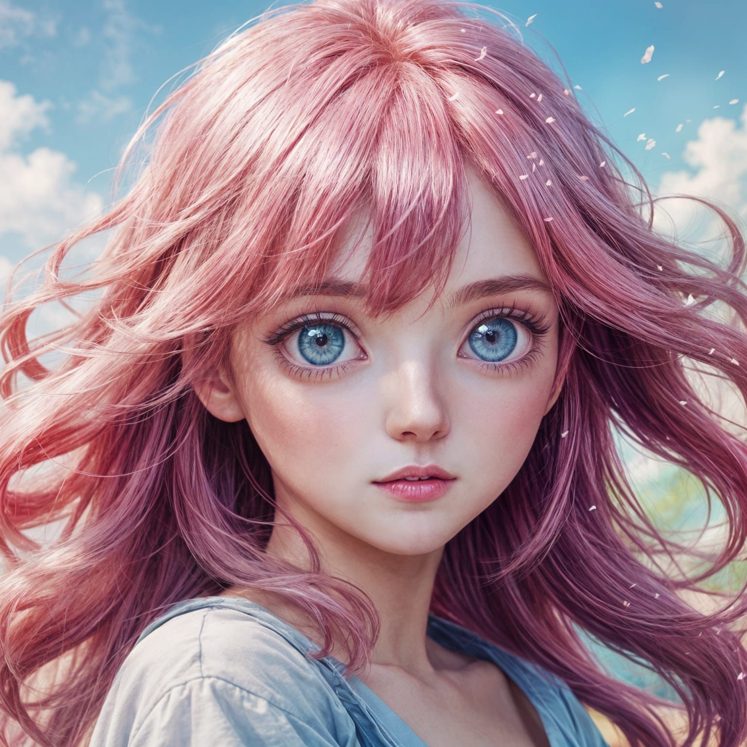 Romantic Shoujo Anime Goddess with Pink Hair and Blue Eyes