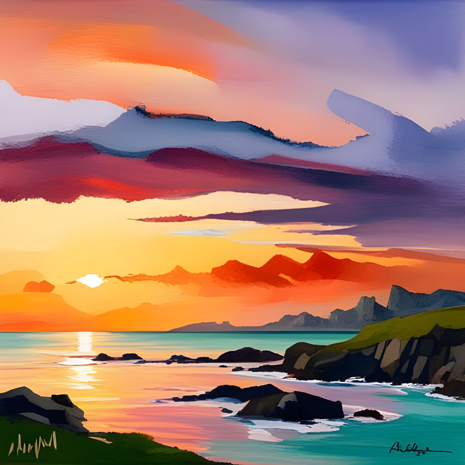 Island Sunset in Gouache Style Impressionist Painting
